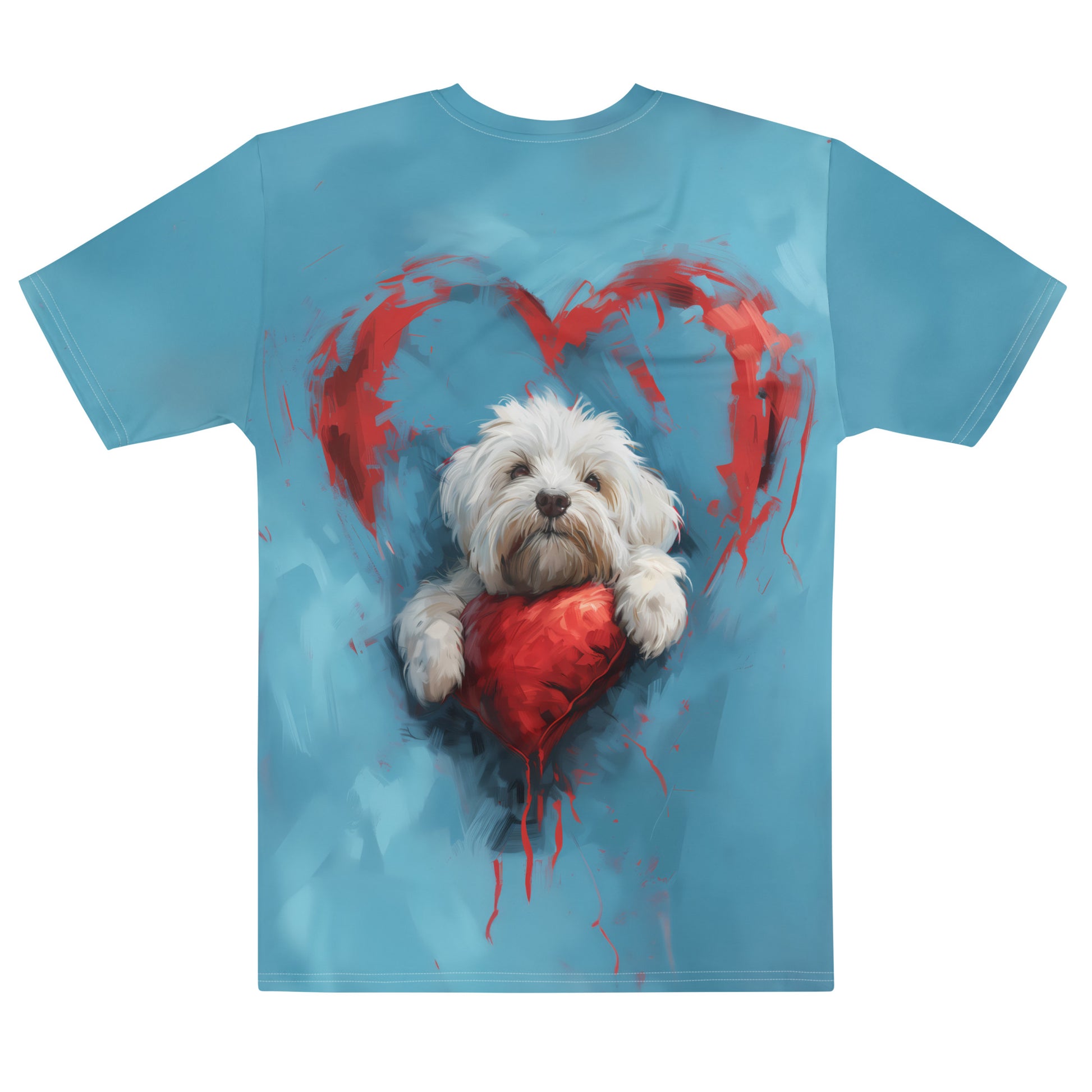 A Coton De Tulear dog sits inside a red heart outline on a blue background