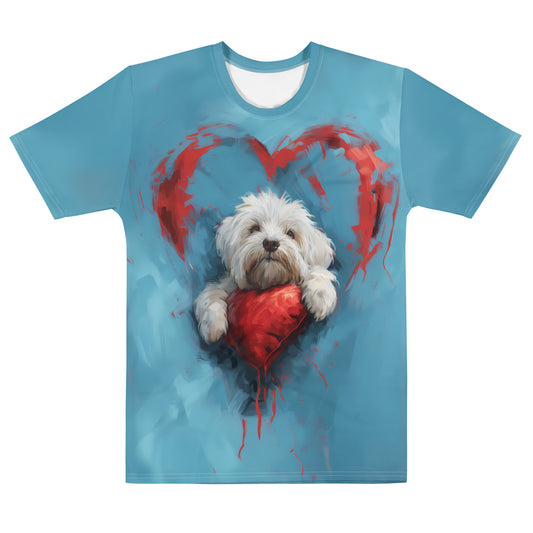 A Coton De Tulear dog sits inside a red heart outline on a blue background