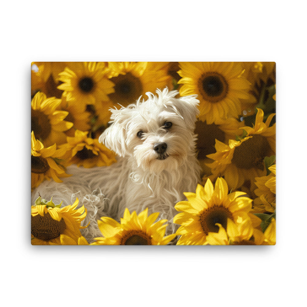 A Coton De Tulear dog nestled among vibrant sunflowers in a framed canvas art piece.