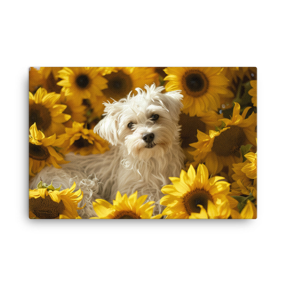 A Coton De Tulear dog nestled among vibrant sunflowers in a framed canvas art piece.