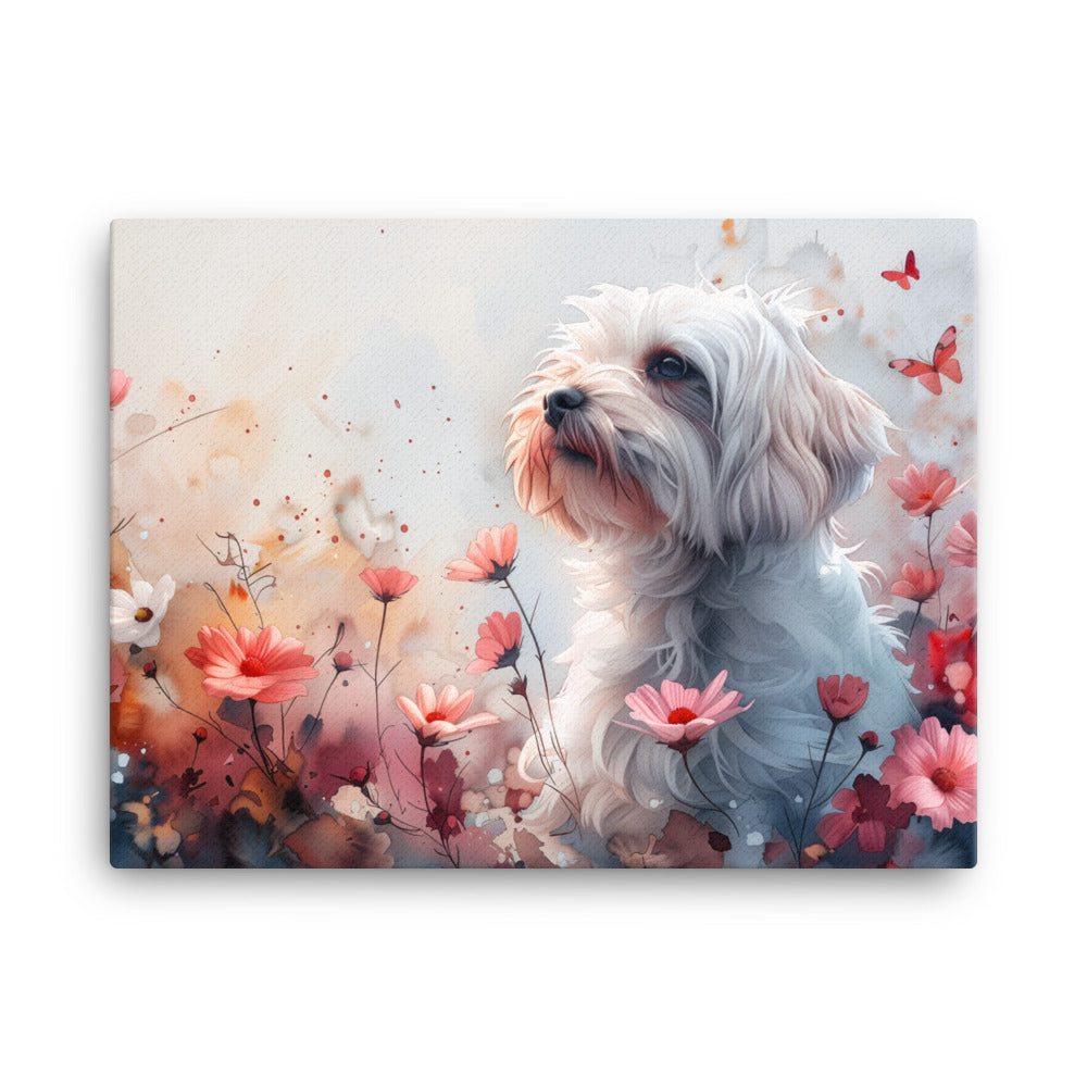 A Coton de Tulear in a field of flowers with butterflies. 