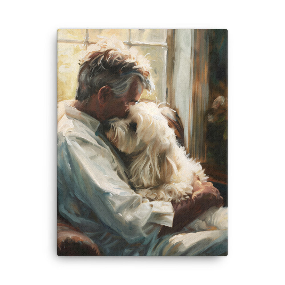 Man holds his Coton De Tulear dog sitting on a chair in a study