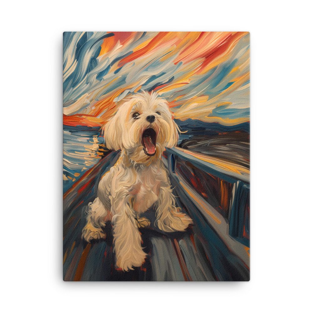 A Coton de Tulear howls in a parody painting of The Scream.