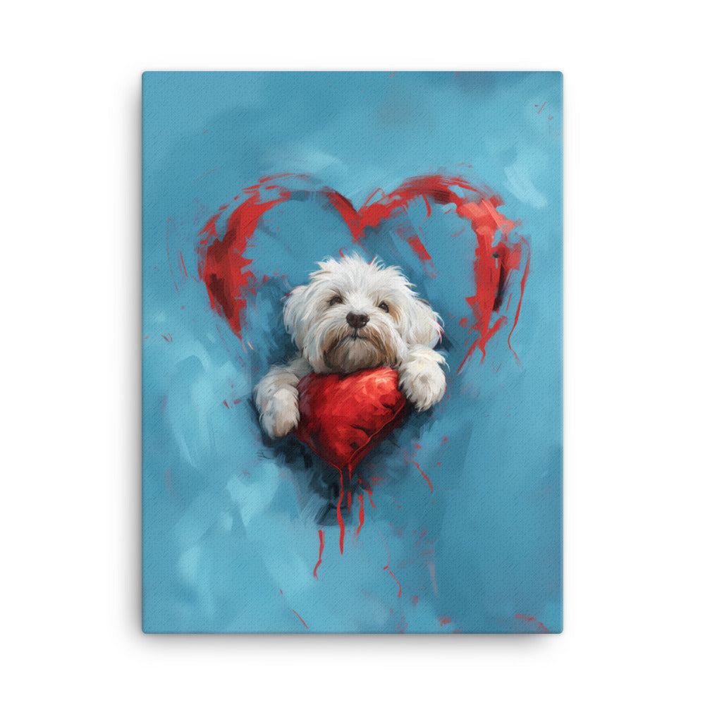 A Coton de Tulear sits on a red heart, surrounded by a red heart on a blue background. 