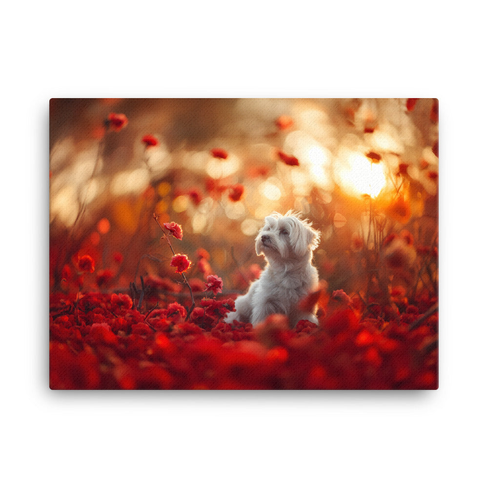 A Coton De Tulear dog sits in among red flowers at sunset