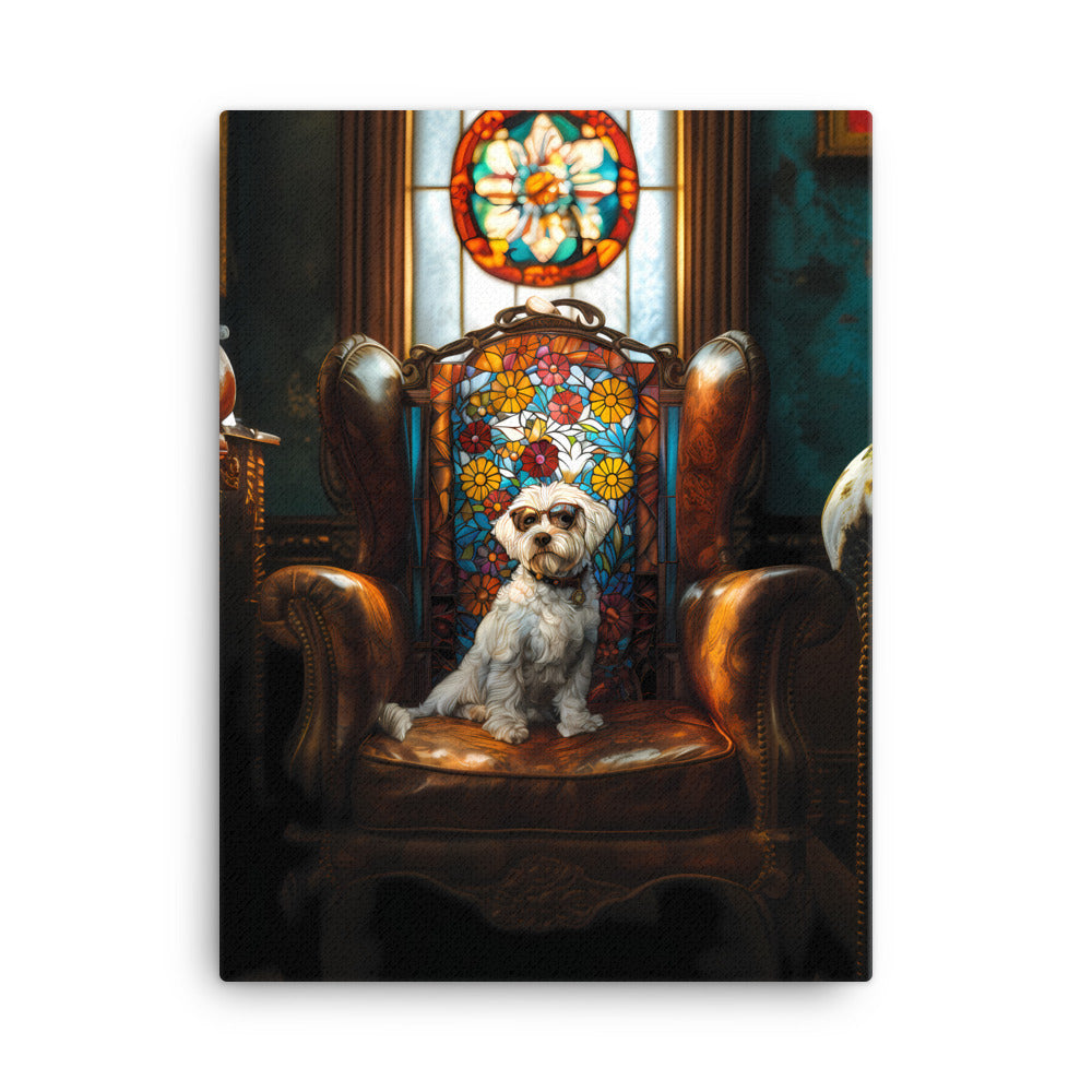 A Chic Coton de Tulear sits on a brown leather couch in a library with stained glass window.