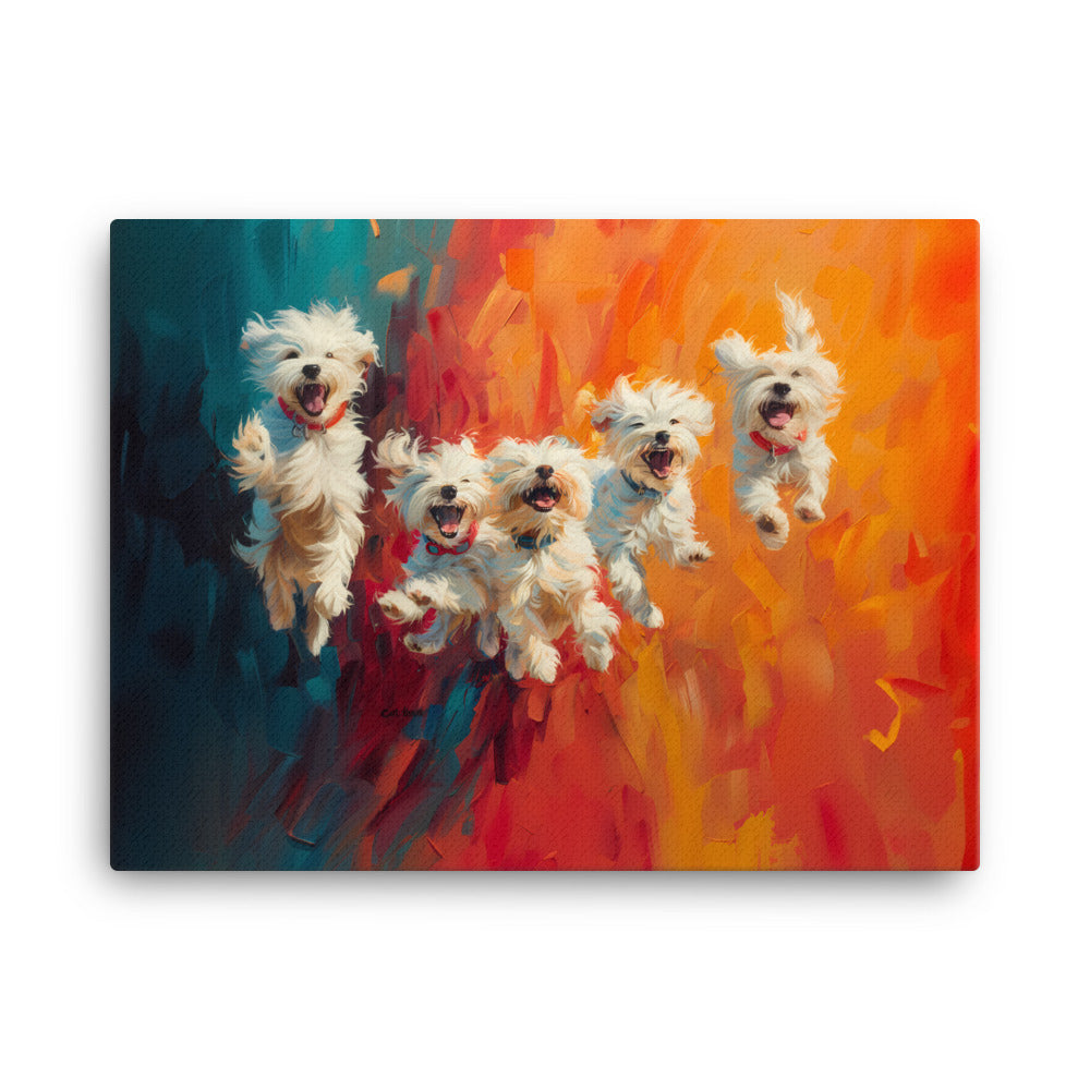 Five coton de Tulear puppies jumping in the air. Oil painting with blue and orange background.