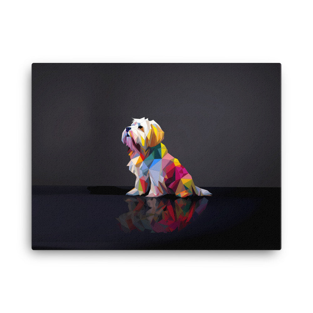 A Coton De Tulear dog sits in a black space in a cubist modern painting