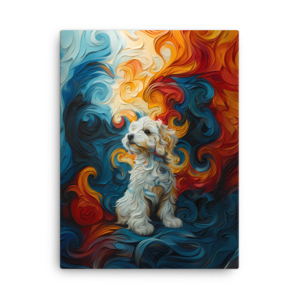 A Coton de Tulear sits in front of a swirling background of color: reds, oranges, yellows and blues.