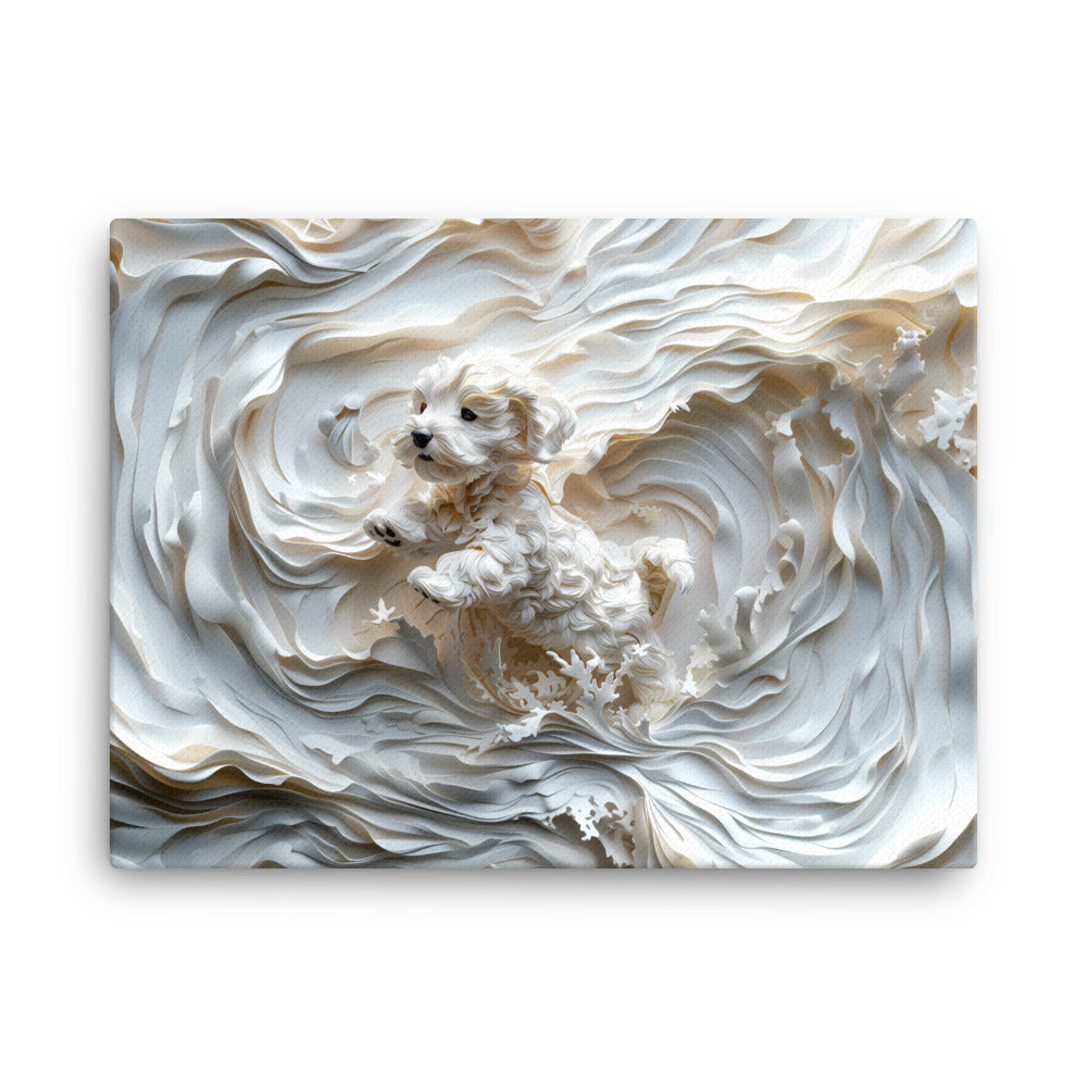 A Coton de Tulear relief with swirling background, all white. 