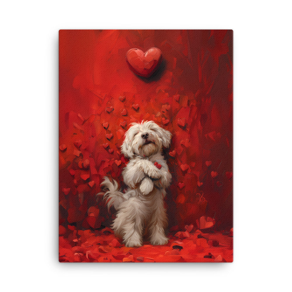 A Coton De Tulear dog stands cuddling hearts that surround him