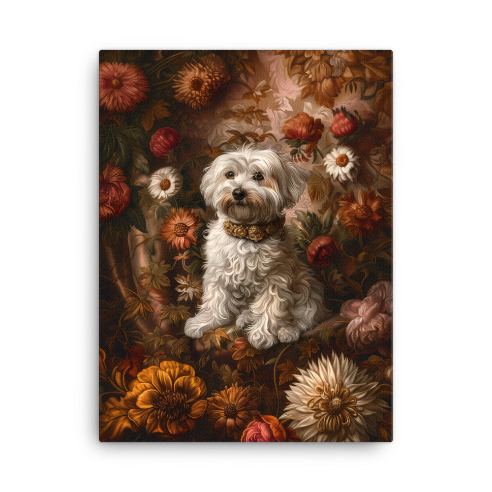 A Coton De Tulear dog featured in a Renaissance Painting with floral background