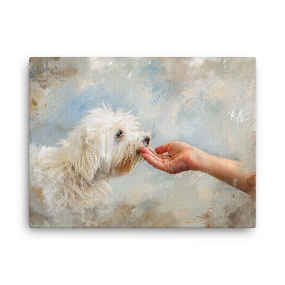 A Coton De Tulear dog kisses a human hand in the clouds