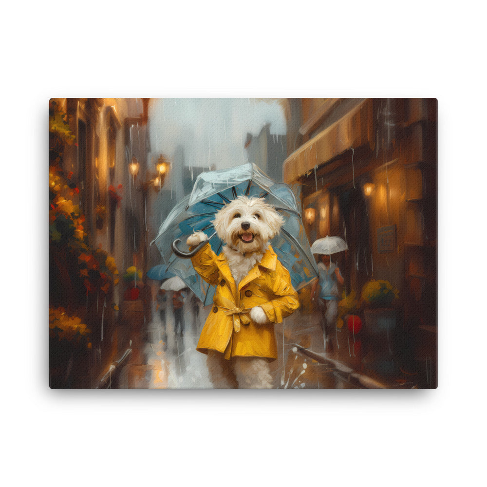 A Coton de Tulear walks down a rainy street upright wearing a yellow rain coat and umbrella.