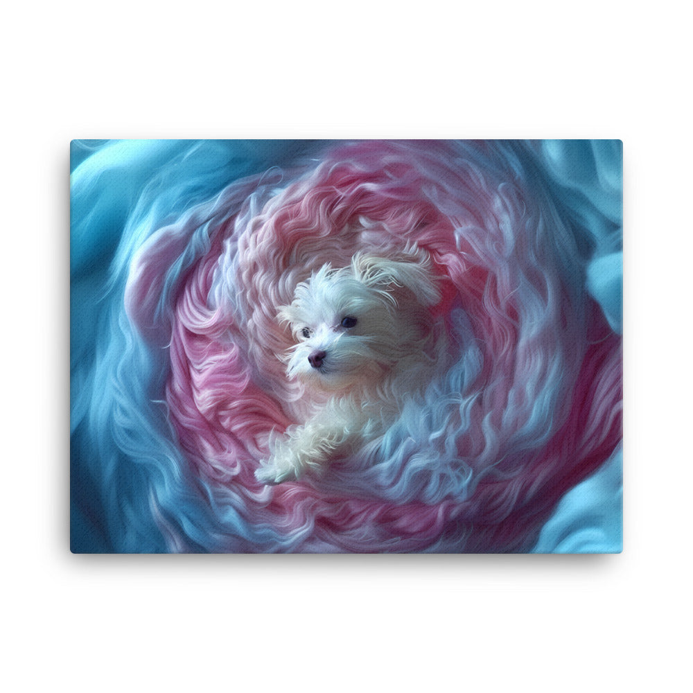 A Coton de Tulear wrapped in a 2D relief of swirling winds.