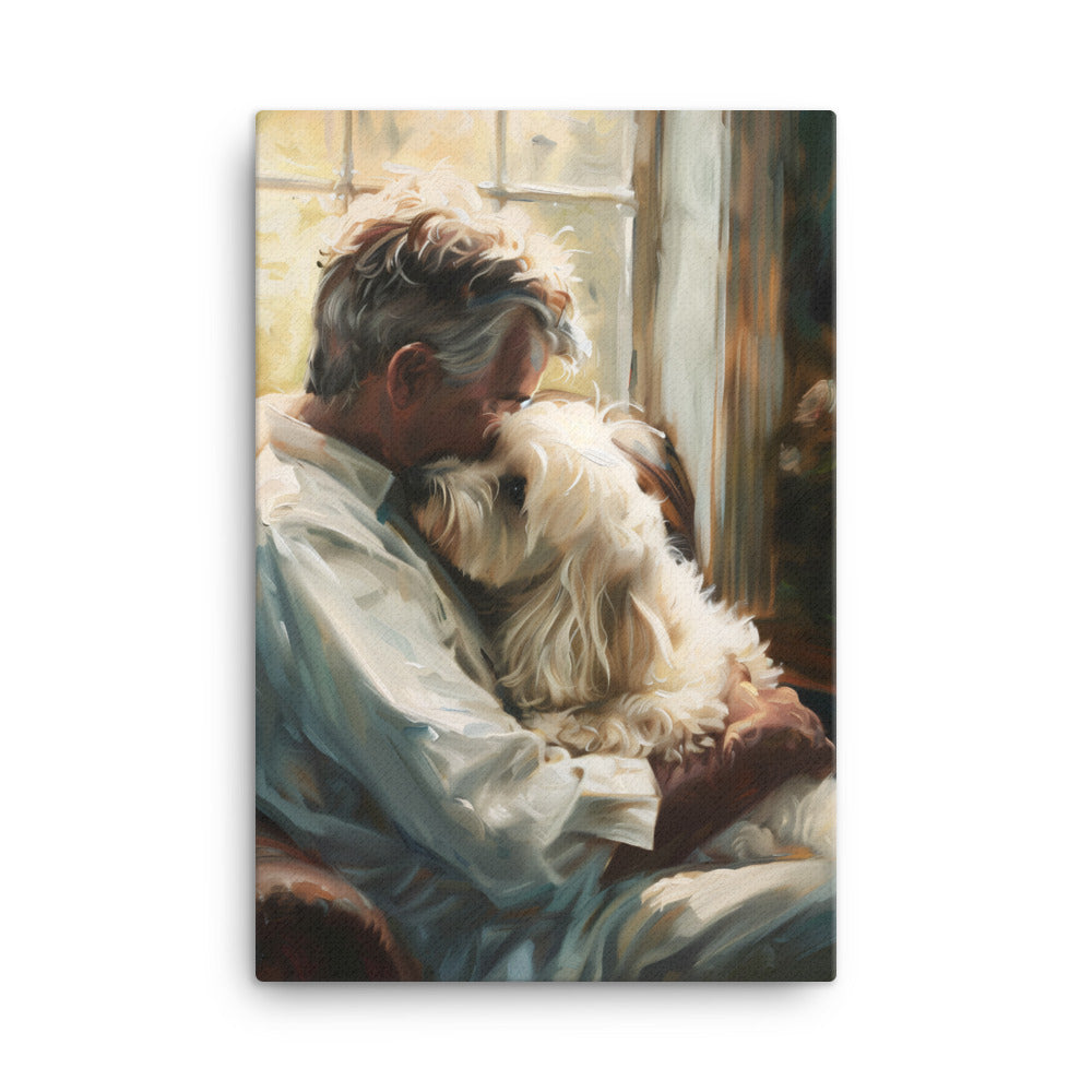 Man holds his Coton De Tulear dog sitting on a chair in a study