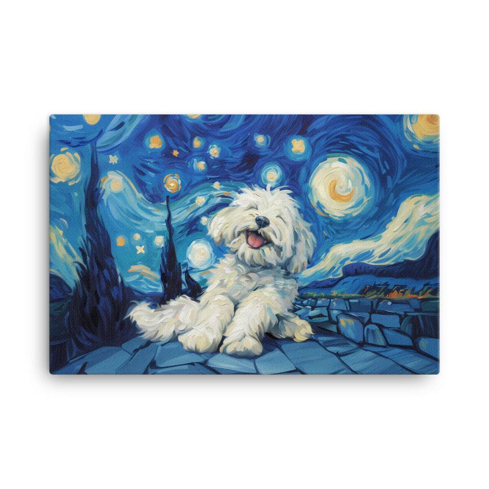 Van Gogh's Starry Night with a Happy Coton de Tulear.