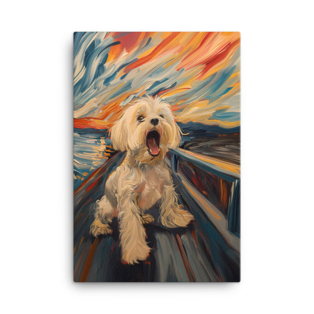 A Coton de Tulear howls in a parody painting of The Scream.