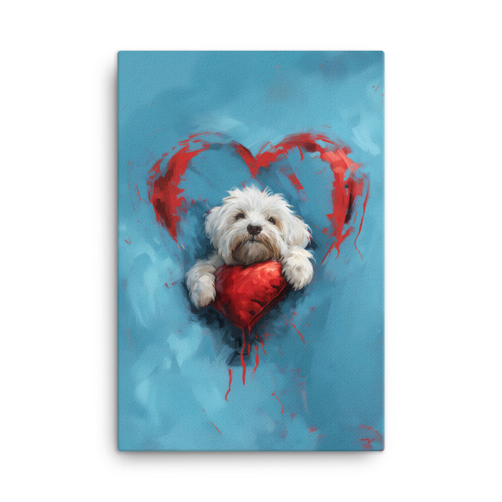 A Coton de Tulear sits on a red heart, surrounded by a red heart on a blue background. 