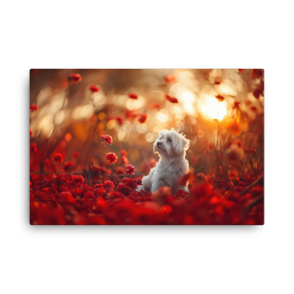 A Coton De Tulear dog sits in among red flowers at sunset