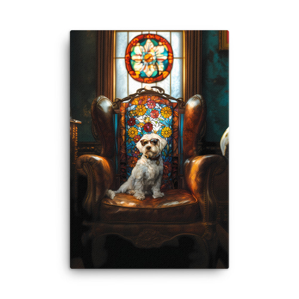 A Chic Coton de Tulear sits on a brown leather couch in a library with stained glass window.