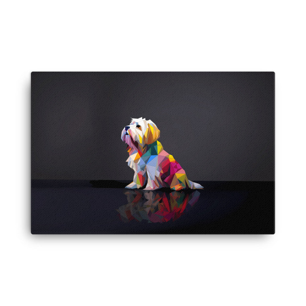 A Coton De Tulear dog sits in a black space in a cubist modern painting