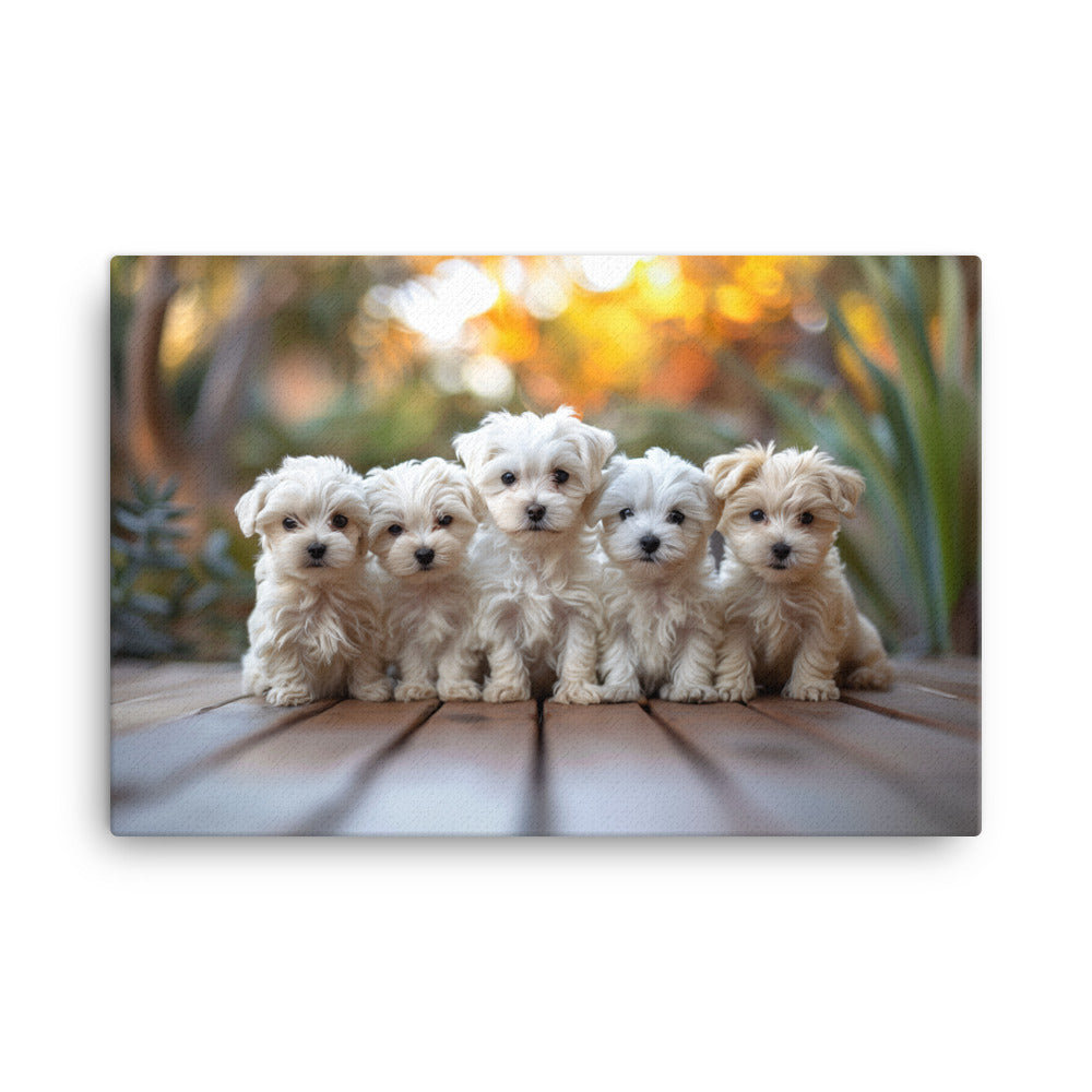 Five Coton de Tulear puppies lined up on a wood deck with greenery in the background. 