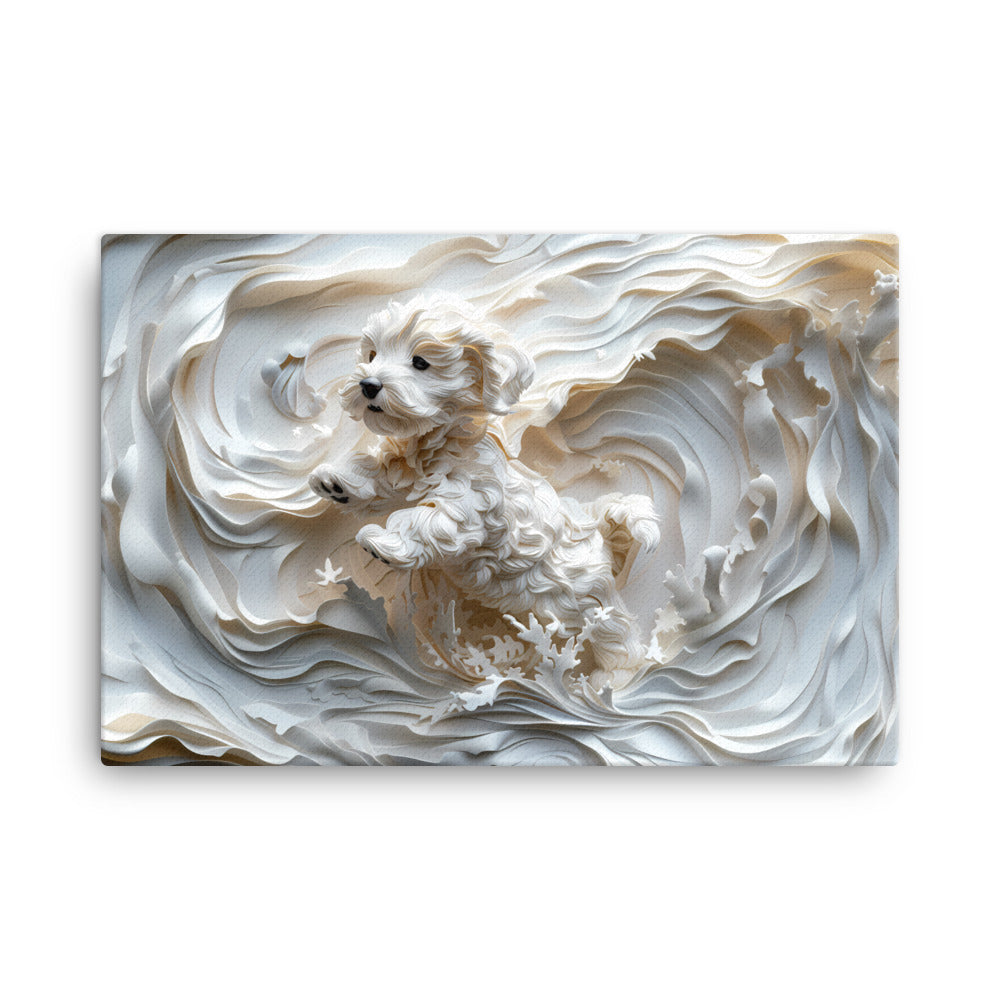 A Coton de Tulear relief with swirling background, all white. 