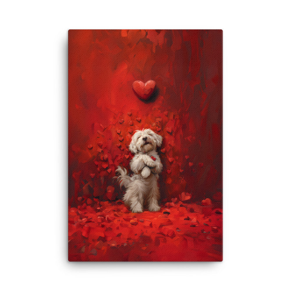 A Coton De Tulear dog stands cuddling hearts that surround him