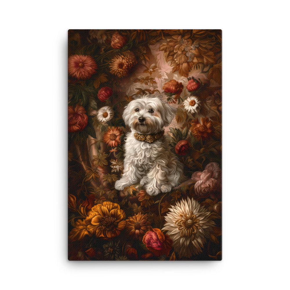 A Coton De Tulear dog featured in a Renaissance Painting with floral background