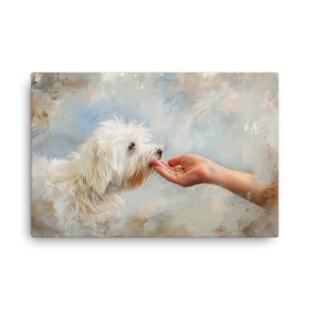 A Coton De Tulear dog kisses a human hand in the clouds