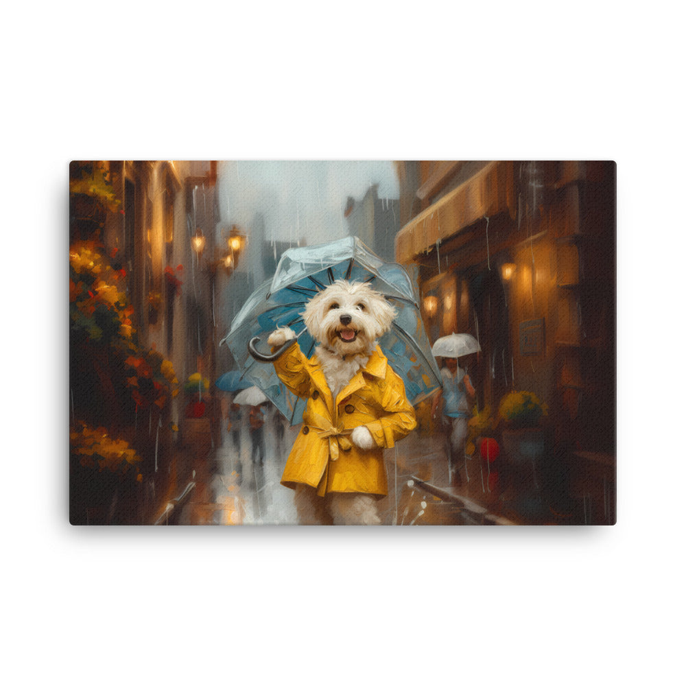 A Coton de Tulear walks down a rainy street upright wearing a yellow rain coat and umbrella.