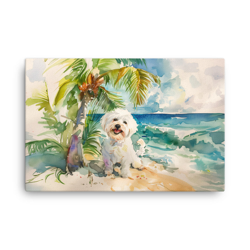 A Coton de Tulear relaxes on an island beach scene.