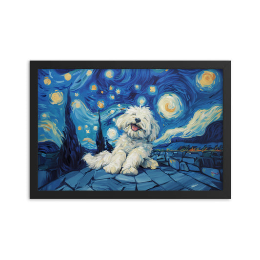 Van Gogh's Starry Night with a Happy Coton de Tulear.