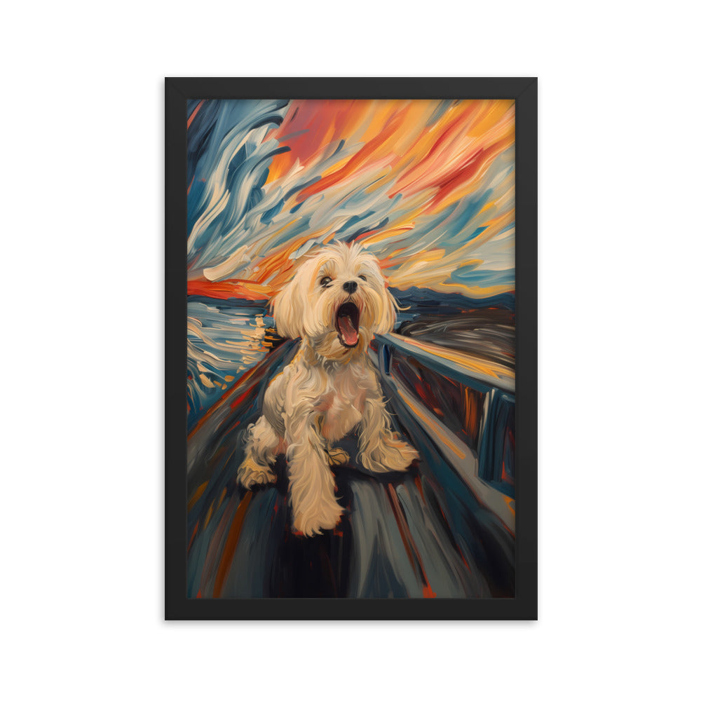 A Coton de Tulear howls in a parody painting of The Scream.