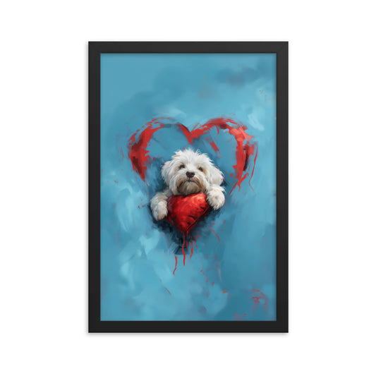 A Coton de Tulear sits on a red heart, surrounded by a red heart on a blue background. 