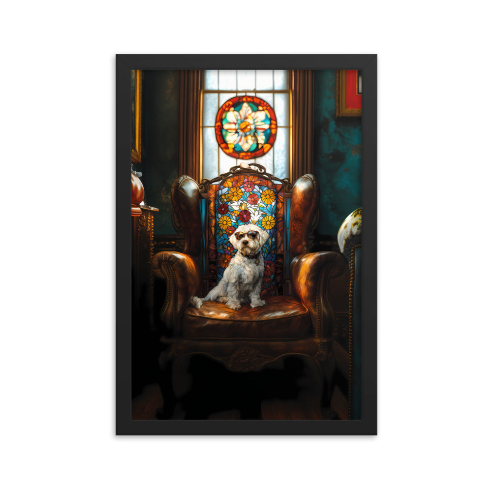 A Chic Coton de Tulear sits on a brown leather couch in a library with stained glass window.