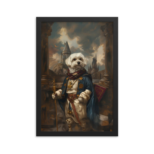 A Coton De Tulear dog poses standing in a formal uniform in a mystical castle