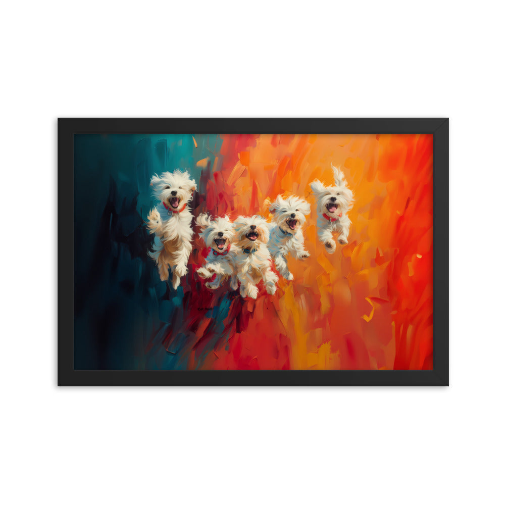 Five coton de Tulear puppies jumping in the air. Oil painting with blue and orange background.