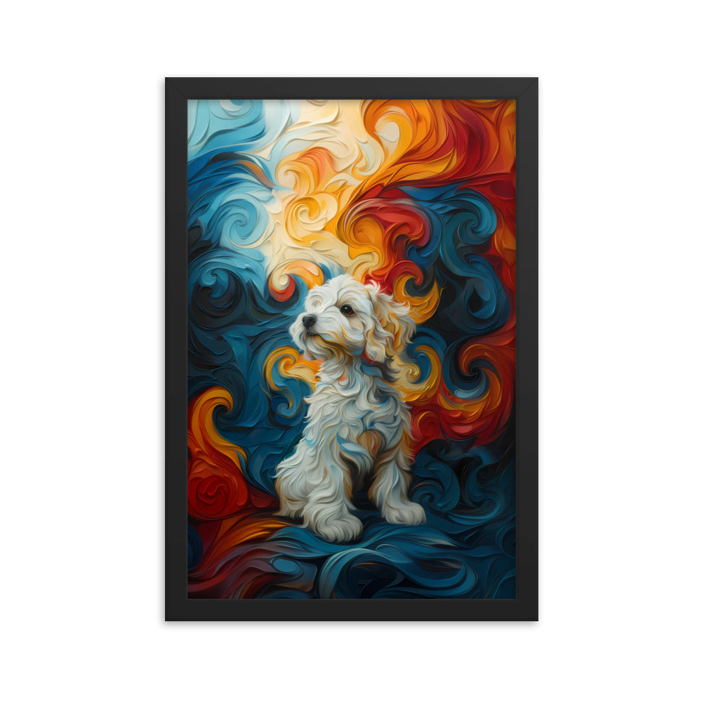 A Coton de Tulear sits in front of a swirling background of color: reds, oranges, yellows and blues.