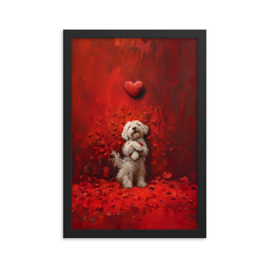 A Coton De Tulear dog stands cuddling hearts that surround him