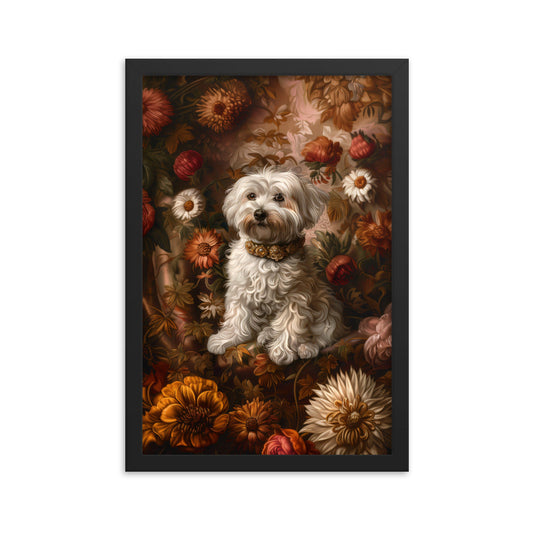A Coton De Tulear dog featured in a Renaissance Painting with floral background