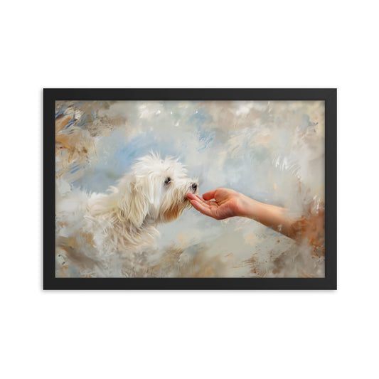 A Coton De Tulear dog kisses a human hand in the clouds