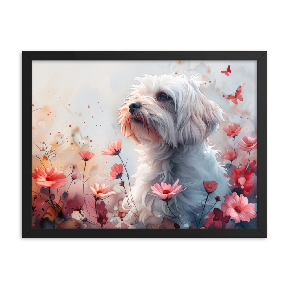 A Coton de Tulear in a field of flowers with butterflies. 