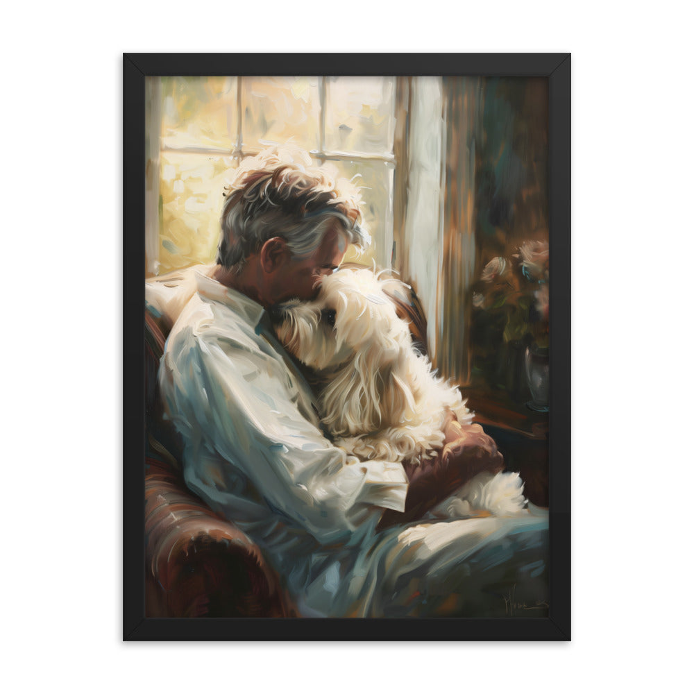 Man holds his Coton De Tulear dog sitting on a chair in a study