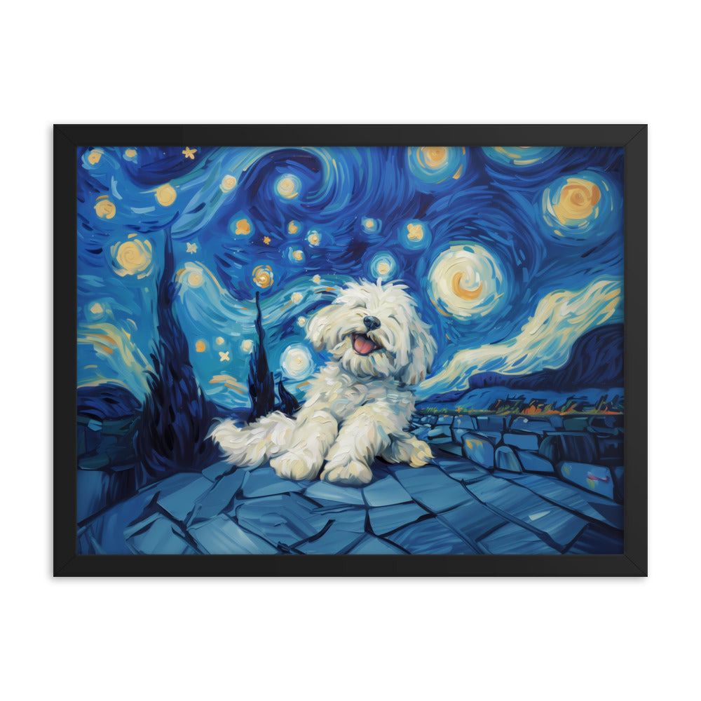 Van Gogh's Starry Night with a Happy Coton de Tulear.