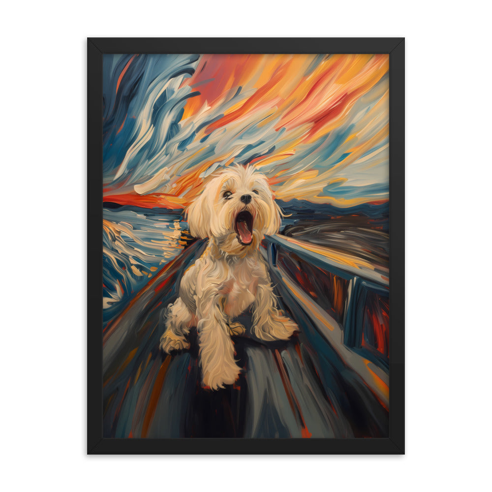 A Coton de Tulear howls in a parody painting of The Scream.