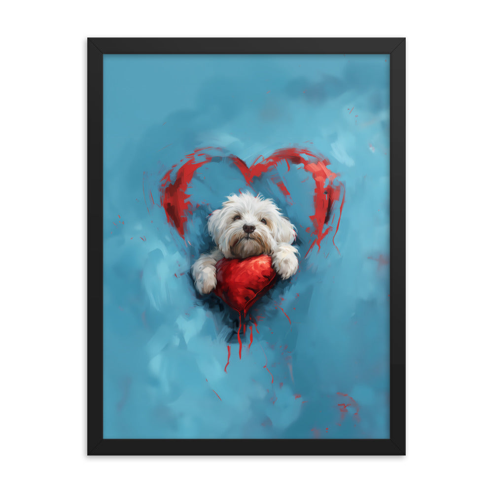 A Coton de Tulear sits on a red heart, surrounded by a red heart on a blue background. 