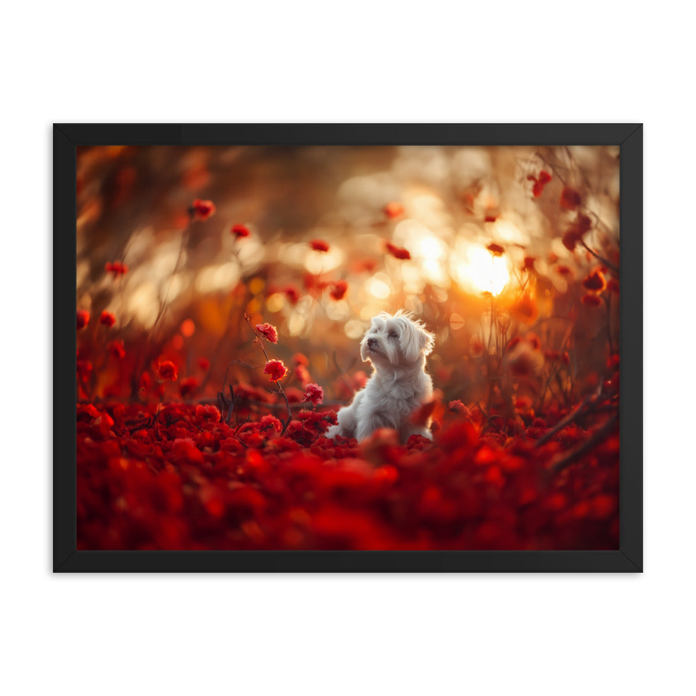 A Coton De Tulear dog sits in among red flowers at sunset