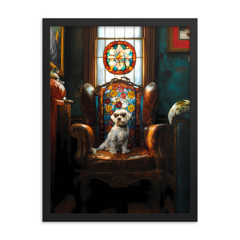 A Chic Coton de Tulear sits on a brown leather couch in a library with stained glass window.